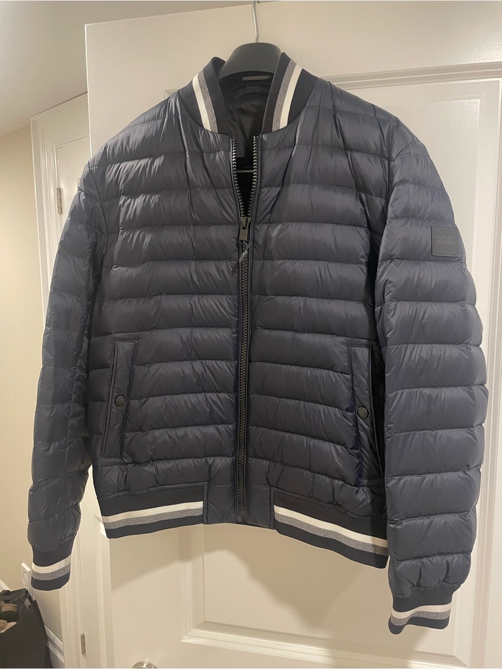 Boss deep dark Navy Quilted Bomber Jacket with Contrast Stripe Trim